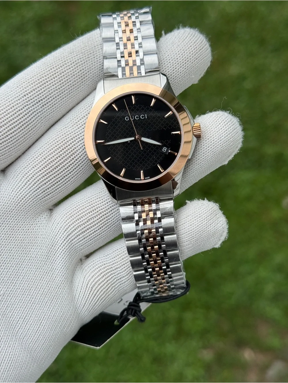 Gucci G TIME Two-Tone Silver and Rose Gold Watch with Black Dial unisex